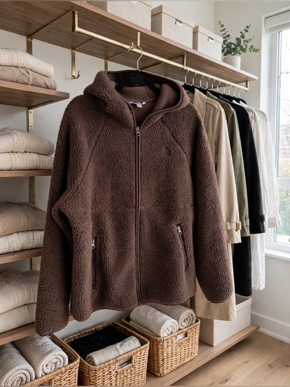 Women's Brown Plush Sherpa Zip Hoodie Jacket